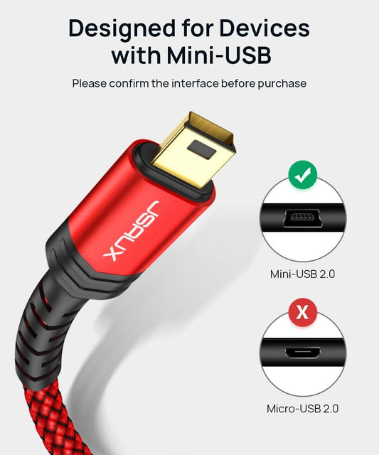 Mini USB Cable[2-Pack 3.3Ft+6.6Ft], USB 2.0 Type a to Mini B Fast Charging Braided Cord Compatible with Blue Yeti Microphone Garmin Nuvi GPS 50 55 Ti-84 plus CE Canon Rebel T7 Camera Gopro Red